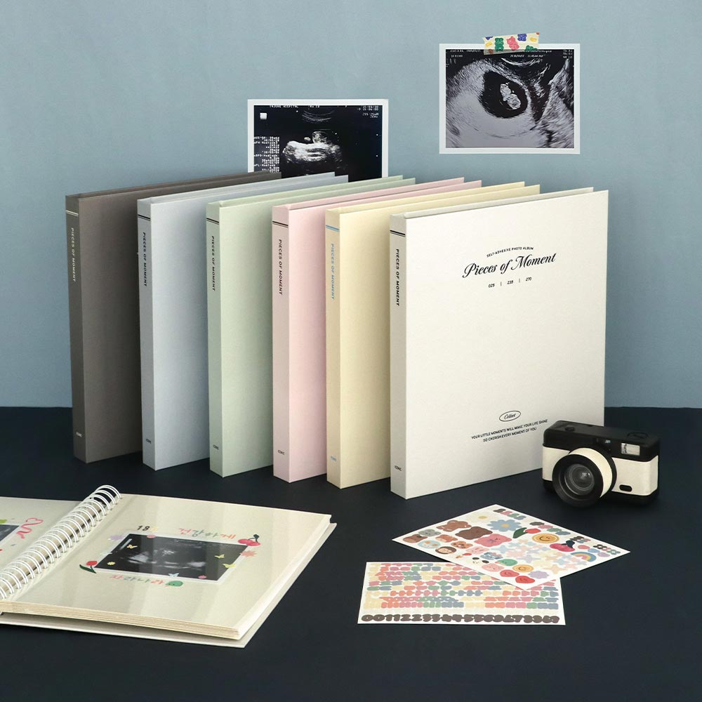 The Journal Shop - Iconic Collect Self-Adhesive Photo Album 25 sheets in assorted pastel colours displayed with printed photos and camera.