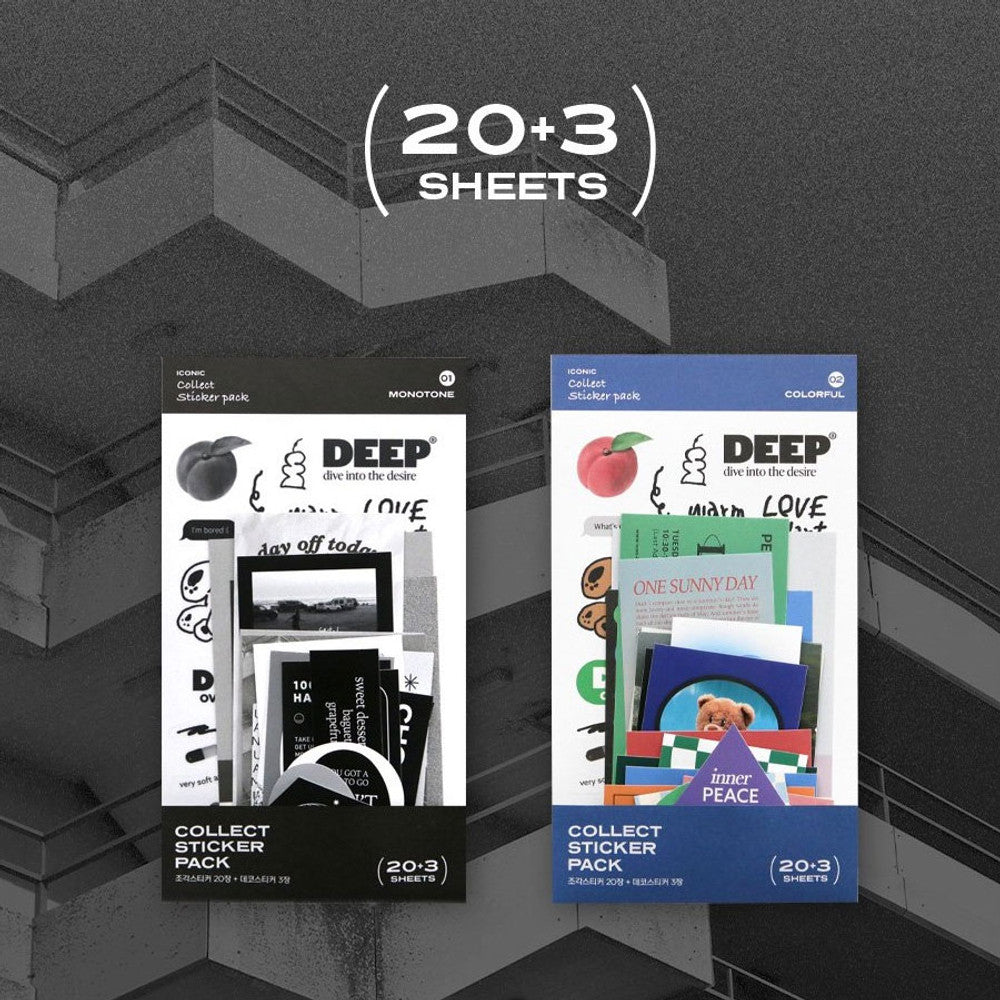 The Journal Shop - Iconic Collect Sticker Pack including multiple sheets and packaging displayed on dark grey background.