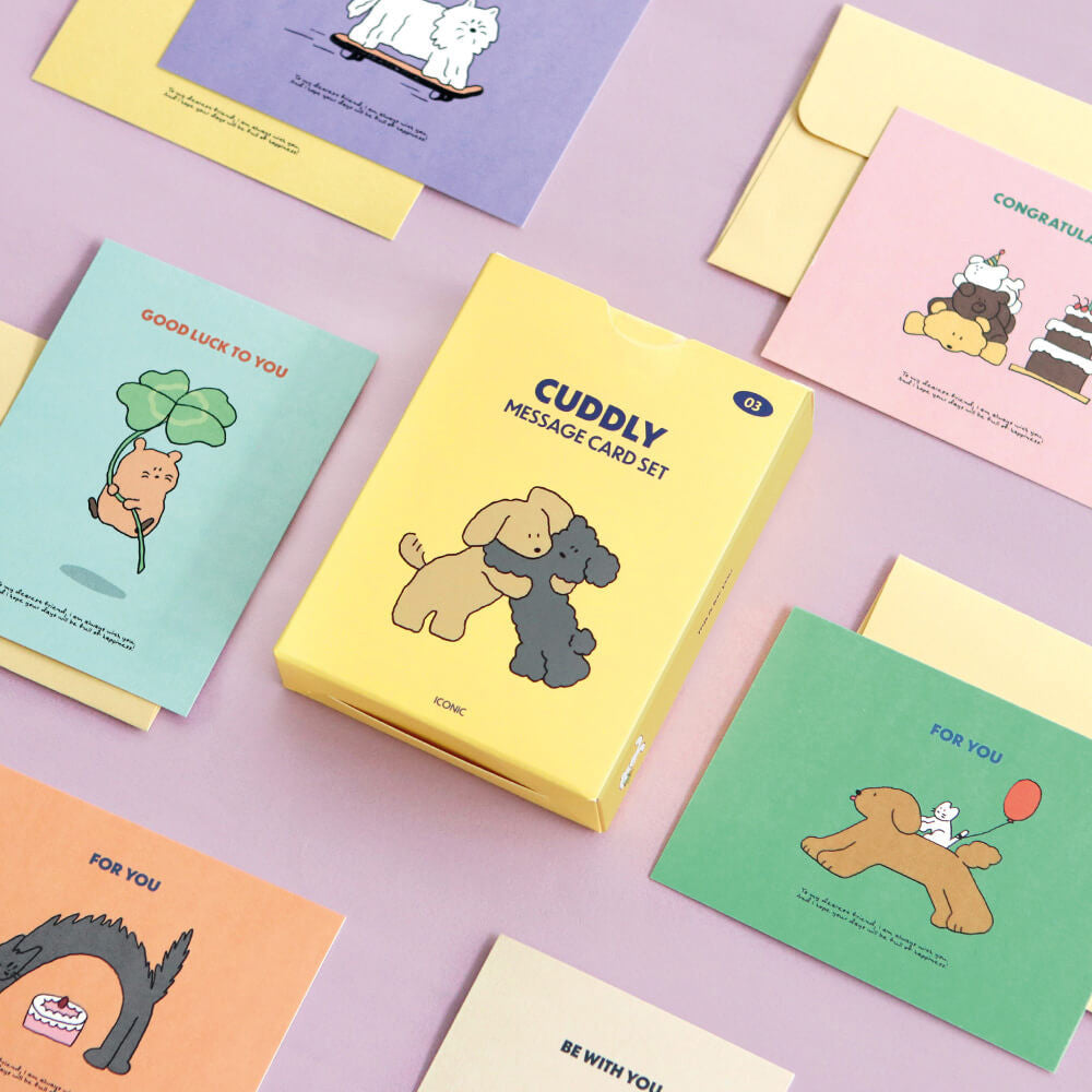 The Journal Shop - Iconic Cuddly Message Cards in yellow box beside assorted colours with matching envelopes.