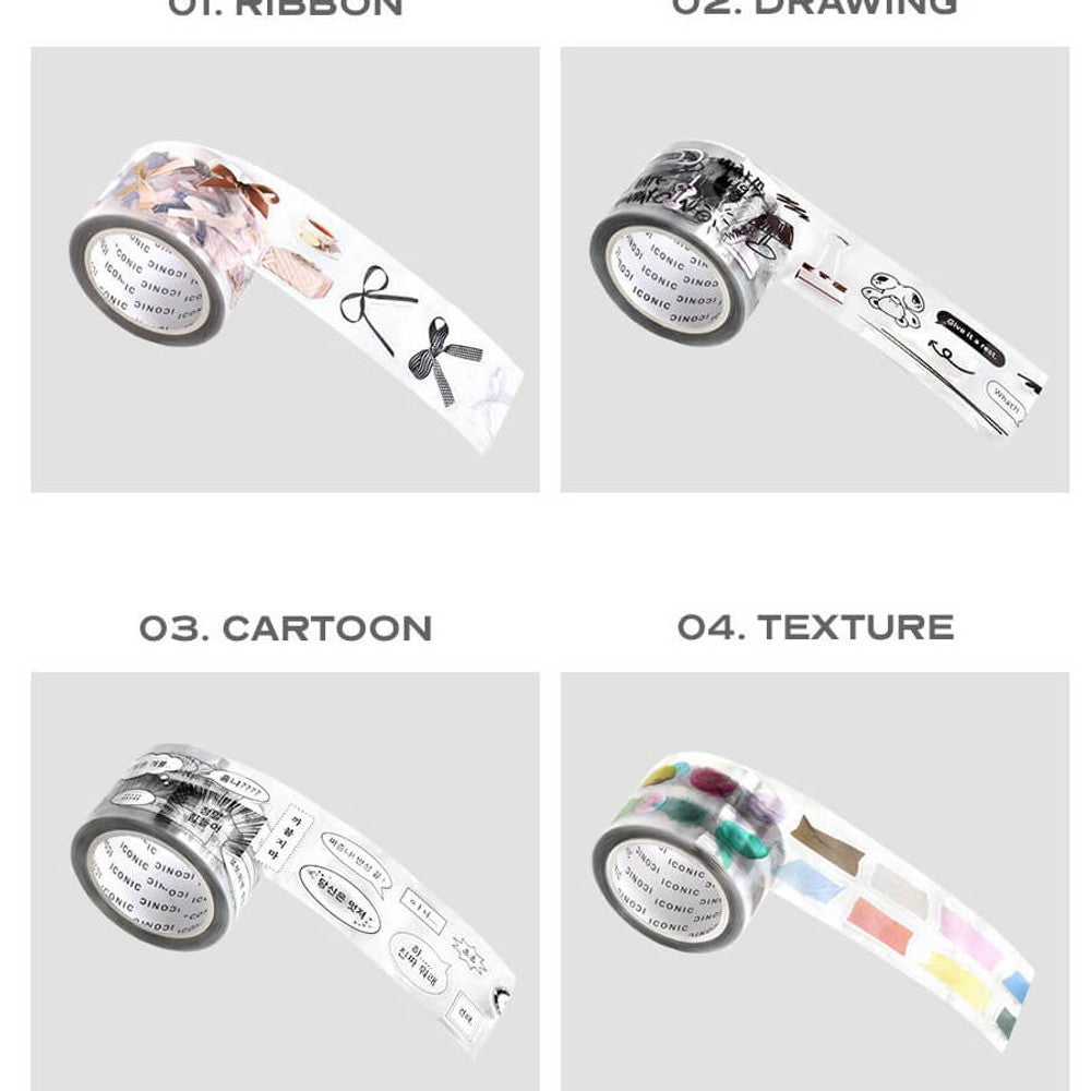 The Journal Shop - Product detail image showing close-ups of different Iconic Deco Kiss-Cut Tape designs with illustrative icons and text.