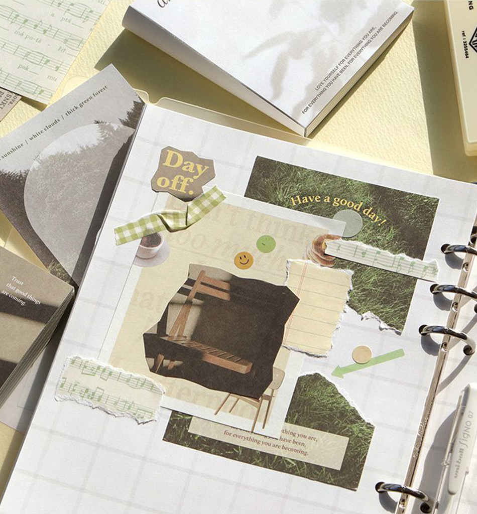 The Journal Shop - Green-themed Iconic Deco Memo Pad with botanical collage designs and paper accessories.