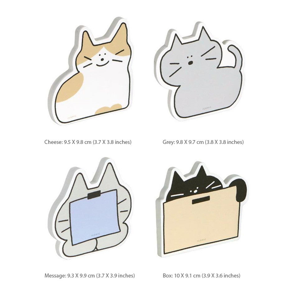 The Journal Shop - Four cat-shaped Iconic Doodle Memo Pads in designs Cheese, Grey, Message and Box with listed sizes in centimetres and inches.