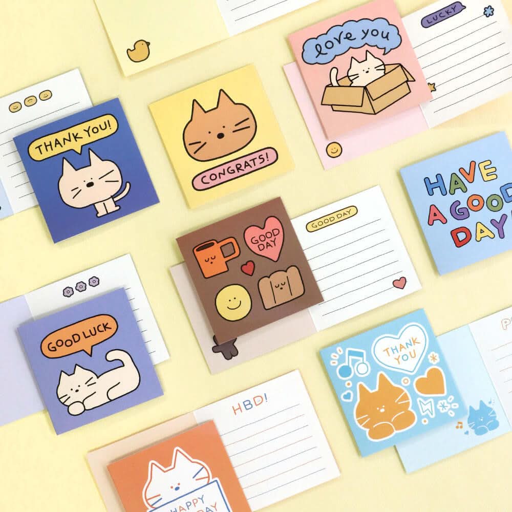 The Journal Shop - Assorted Iconic Doodle Mini Cards in yellow, brown, and blue displayed neatly on pastel background.
