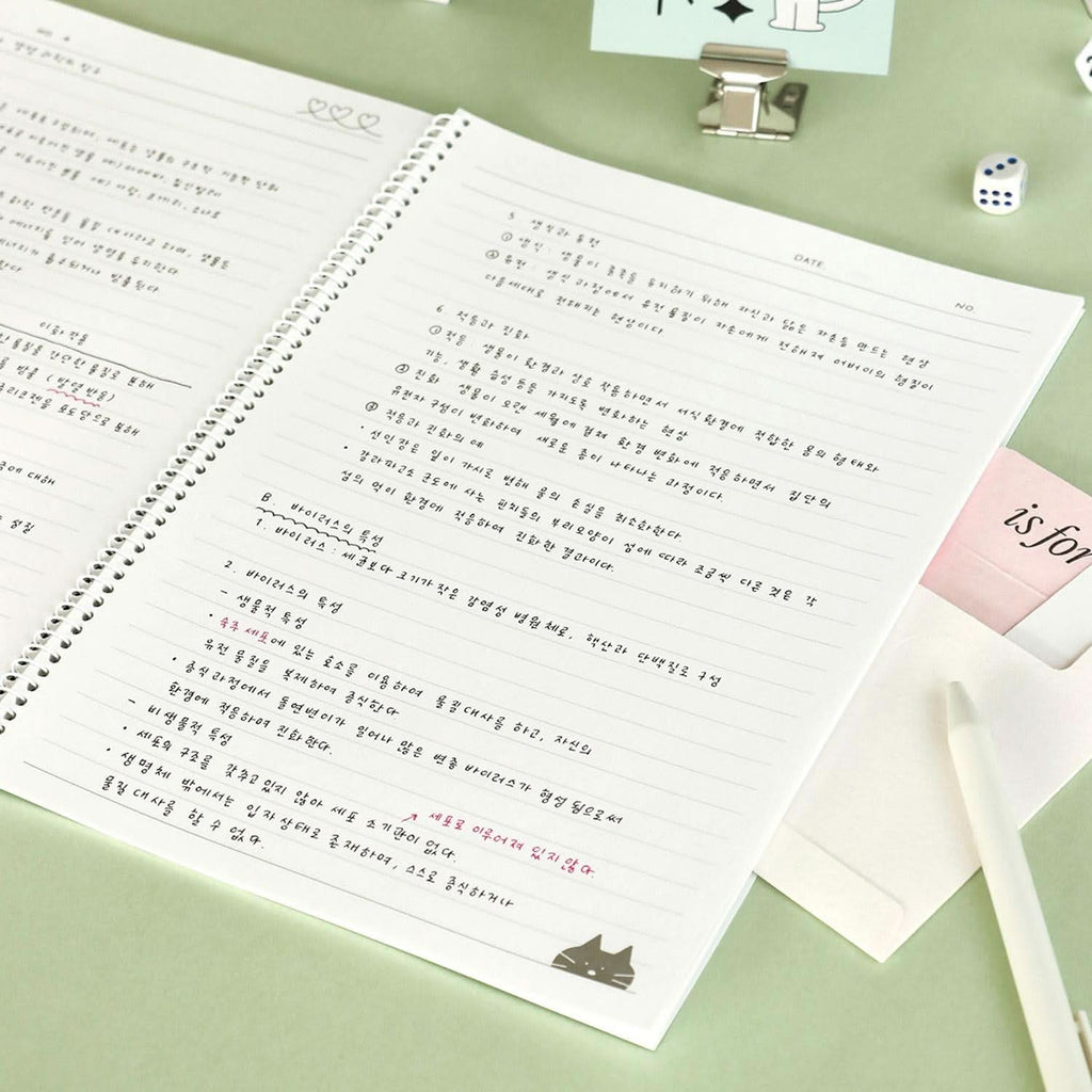 The Journal Shop - Iconic Doodle B5 Spiral Lined Notebook open on desk with pen and paper clips beside it.