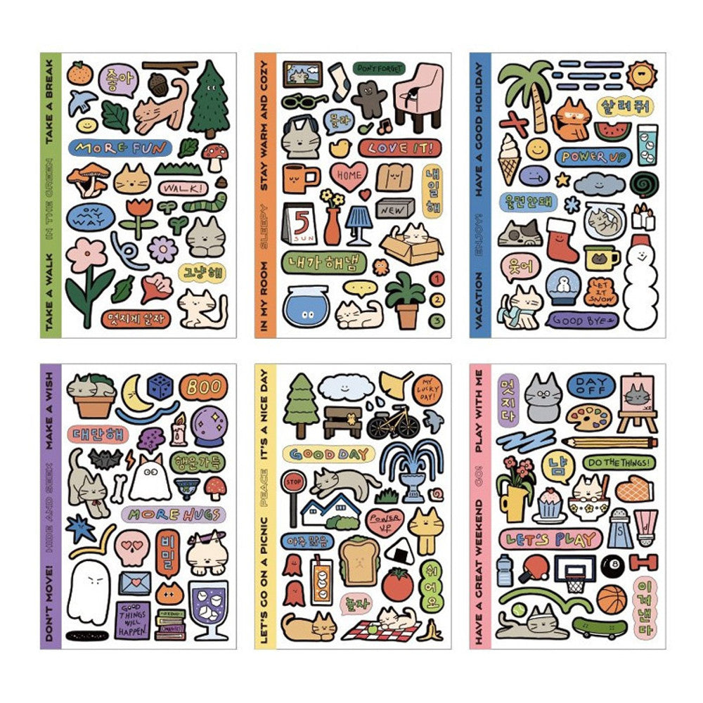 The Journal Shop - Set of colourful doodle-style sticker sheets featuring playful icons, phrases, and characters on a white background.