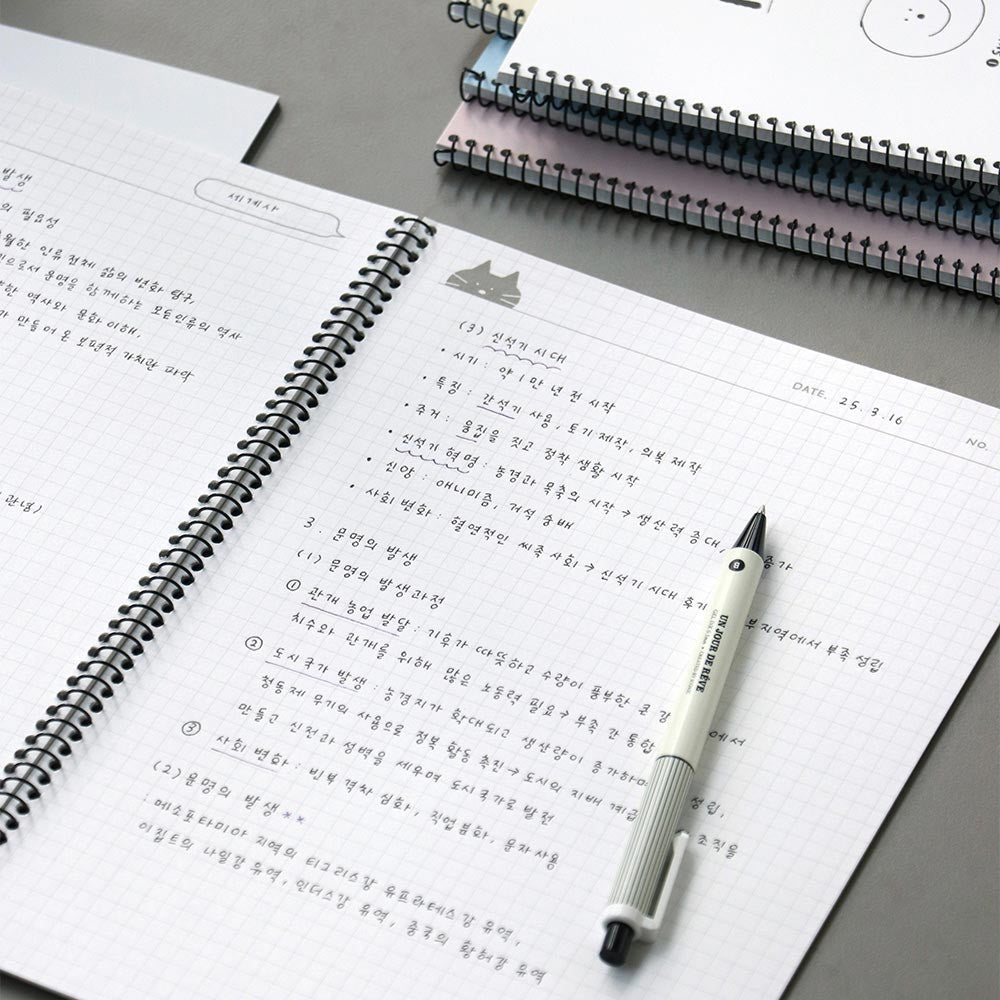The Journal Shop - Iconic Doodle Spiral B5 Grid Notebook open flat on desk showing grid pages and handwriting.