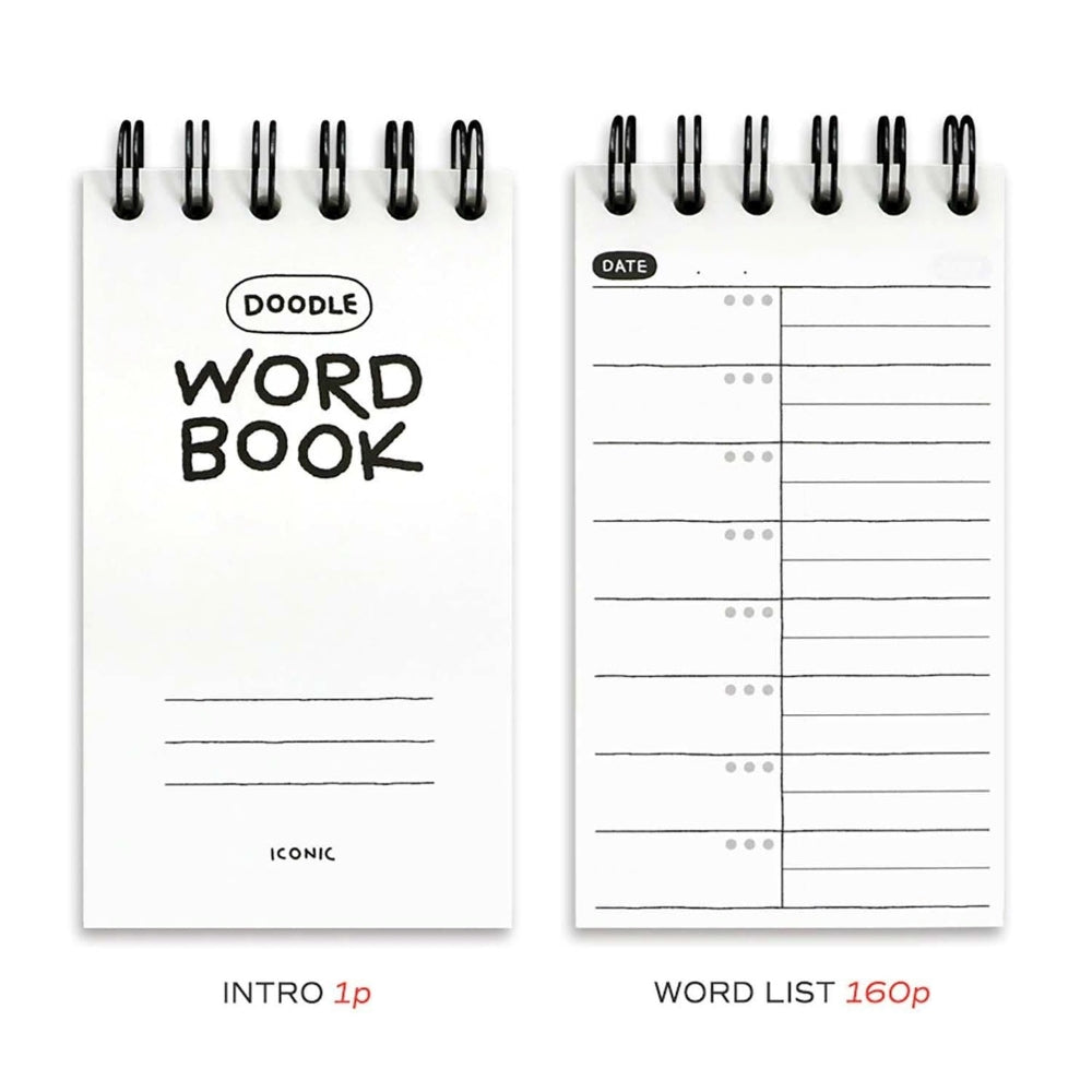 The Journal Shop - An open Iconic Doodle Word Pocket Size Notebook showing neatly ruled pages with spaces for words and meanings, designed for vocabulary practice.
