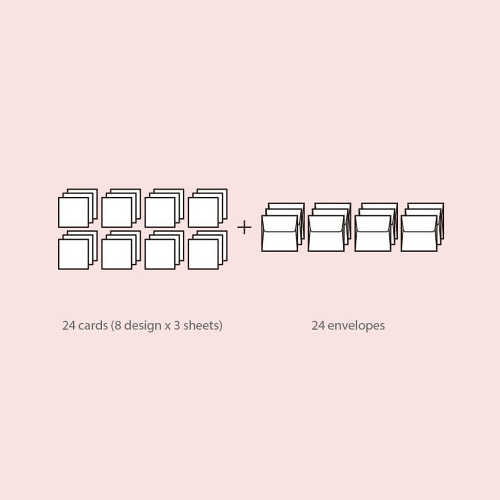 The Journal Shop - Iconic Happy Mini Card Set contents diagram showing 24 cards in 8 designs and 24 envelopes on pink background.