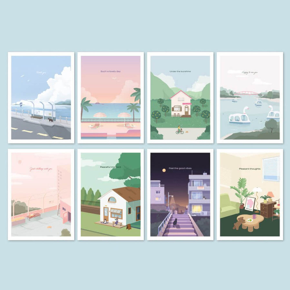 The Journal Shop - Set of Iconic Haru Message Cards in assorted designs laid out showing scenic illustrations.