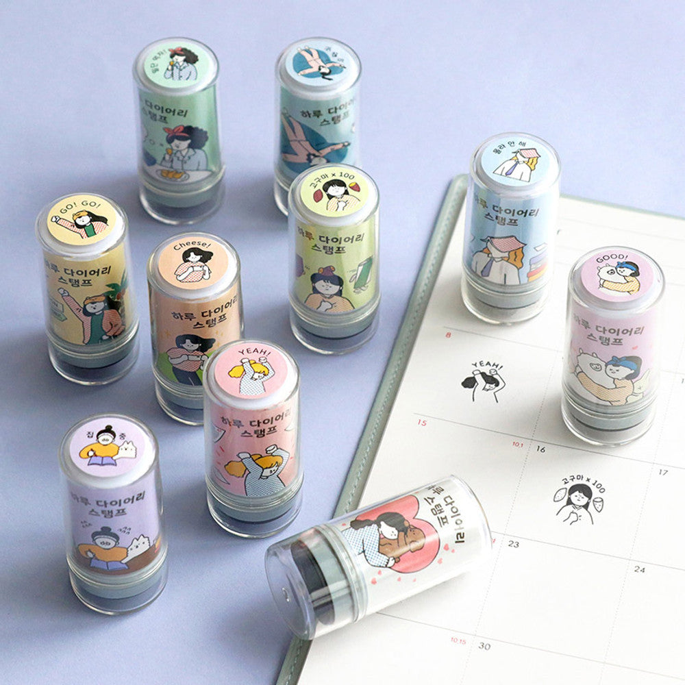 The Journal Shop - Collection of Iconic Haru Self-Inking Diary Stamps in assorted pastel colours displayed on a light surface.