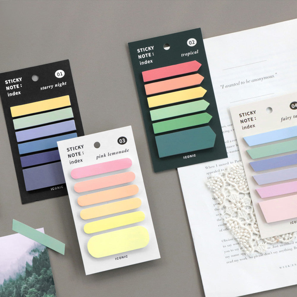 The Journal Shop - Close-up of pastel and bold sticky note sets showing different colour palettes and sizes.