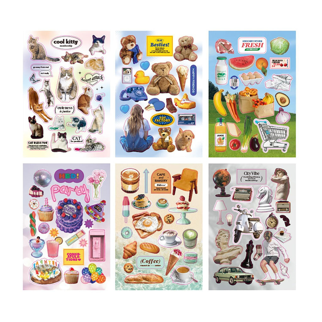 The Journal Shop - Close-up of sticker sheets with food, animal, and everyday object designs in pastel and neutral tones.