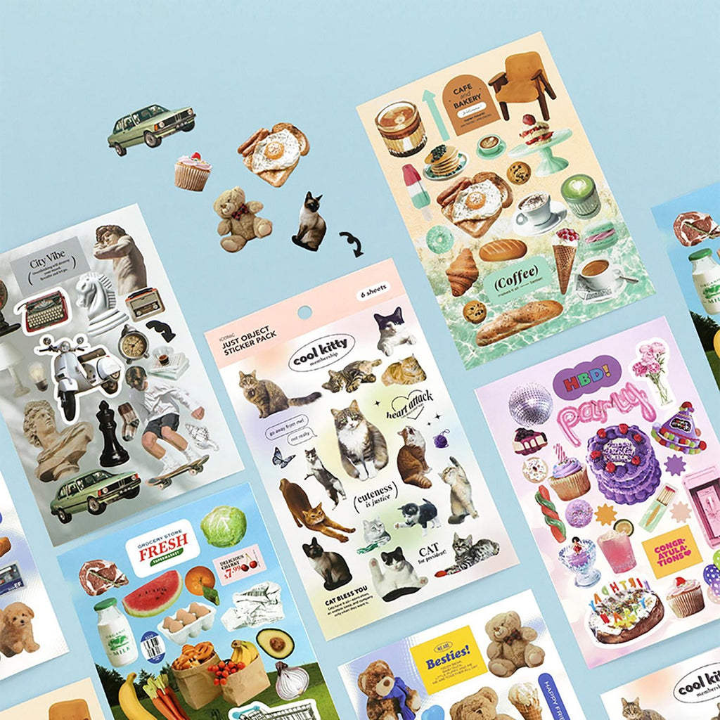 The Journal Shop - Selection of colourful sticker packs showing different themed sheets, including pets, flowers, and household items.
