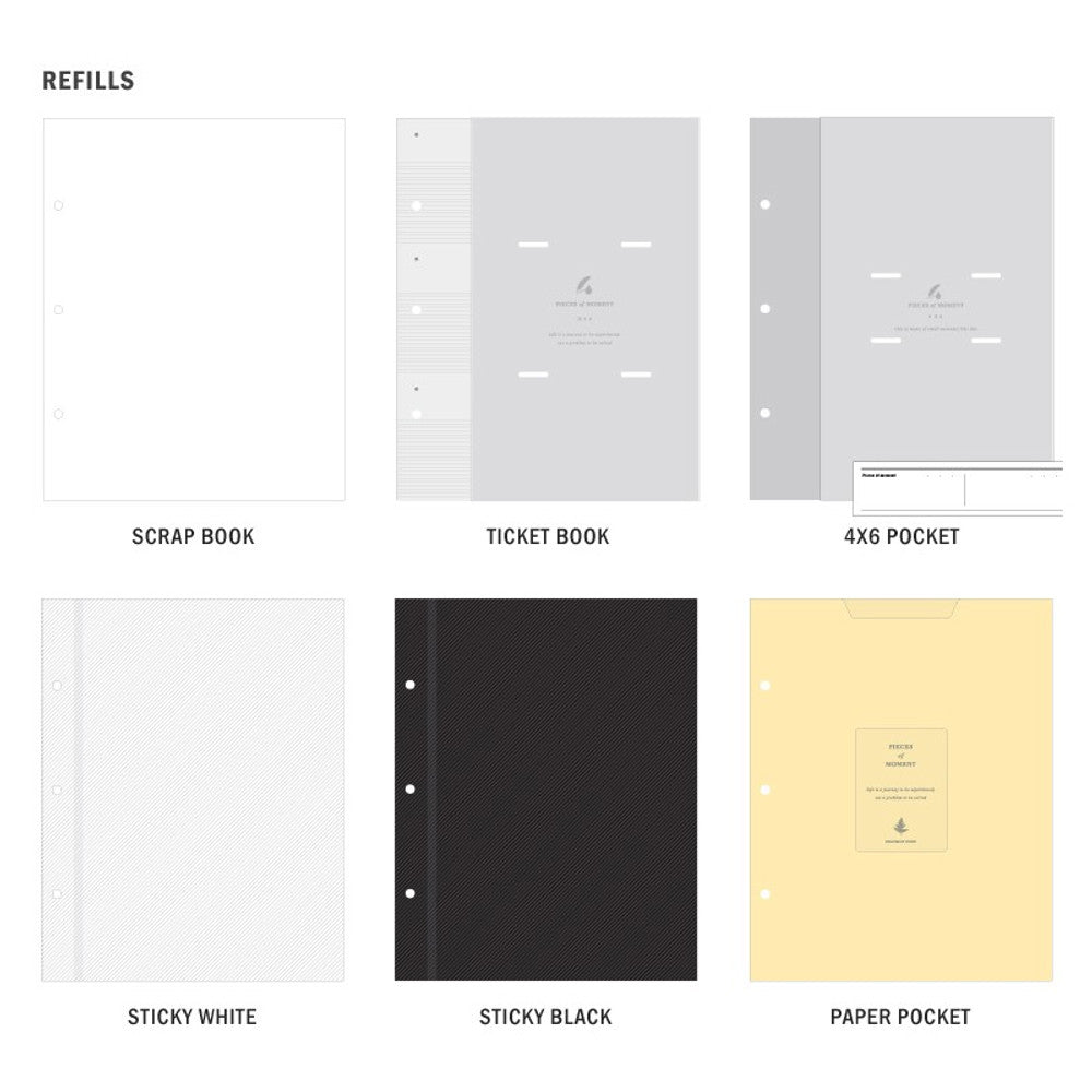 The Journal Shop - Overview of Iconic Memory Binder Refills showing multiple layout styles for photo and memo storage.