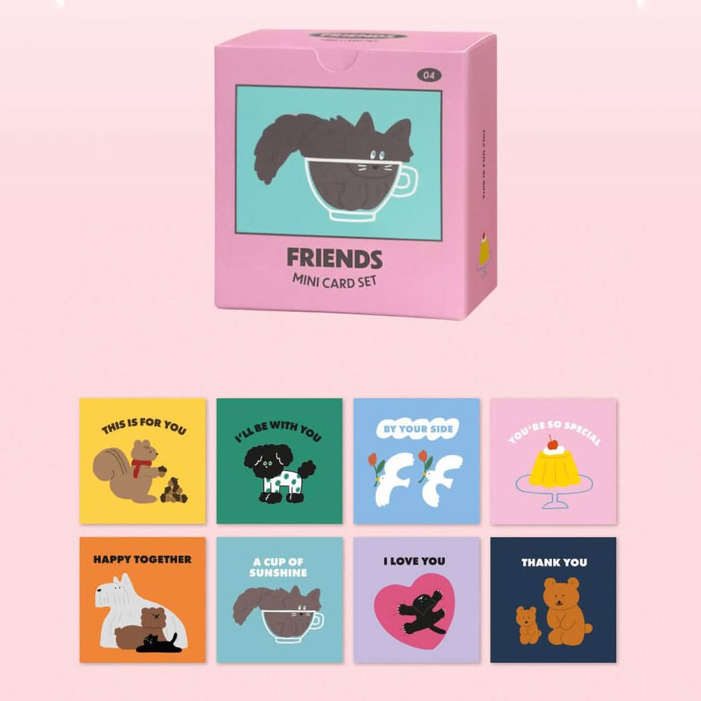 The Journal Shop - Assorted Iconic Mini Friends Cards with cute animal designs displayed in pastel pink background.