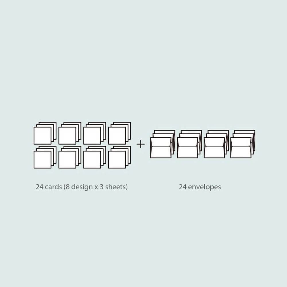 The Journal Shop - Iconic Mini Friends Card Set diagram showing 24 cards in 8 designs and 24 envelopes on grey background.