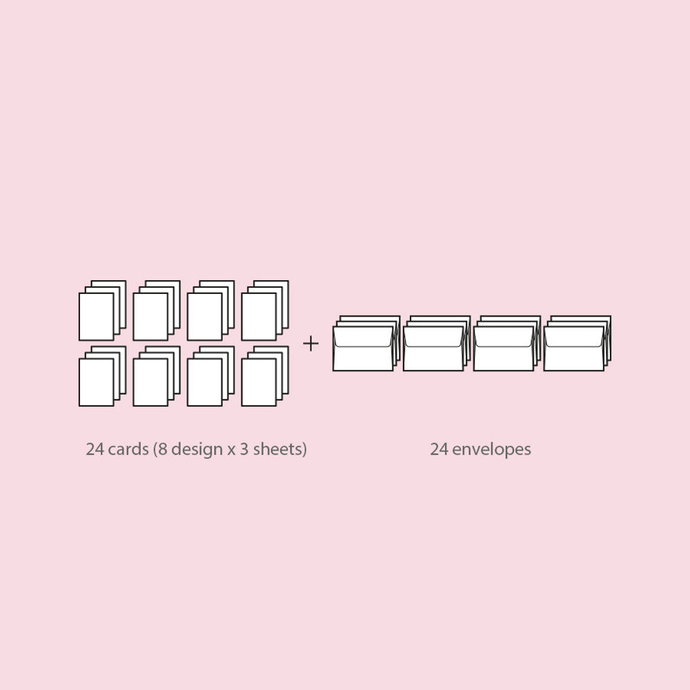 The Journal Shop - Diagram showing the contents of the Iconic Moodscape Message Card Set, including 24 cards in 8 designs (3 sheets each) and 24 matching envelopes on a pink background.