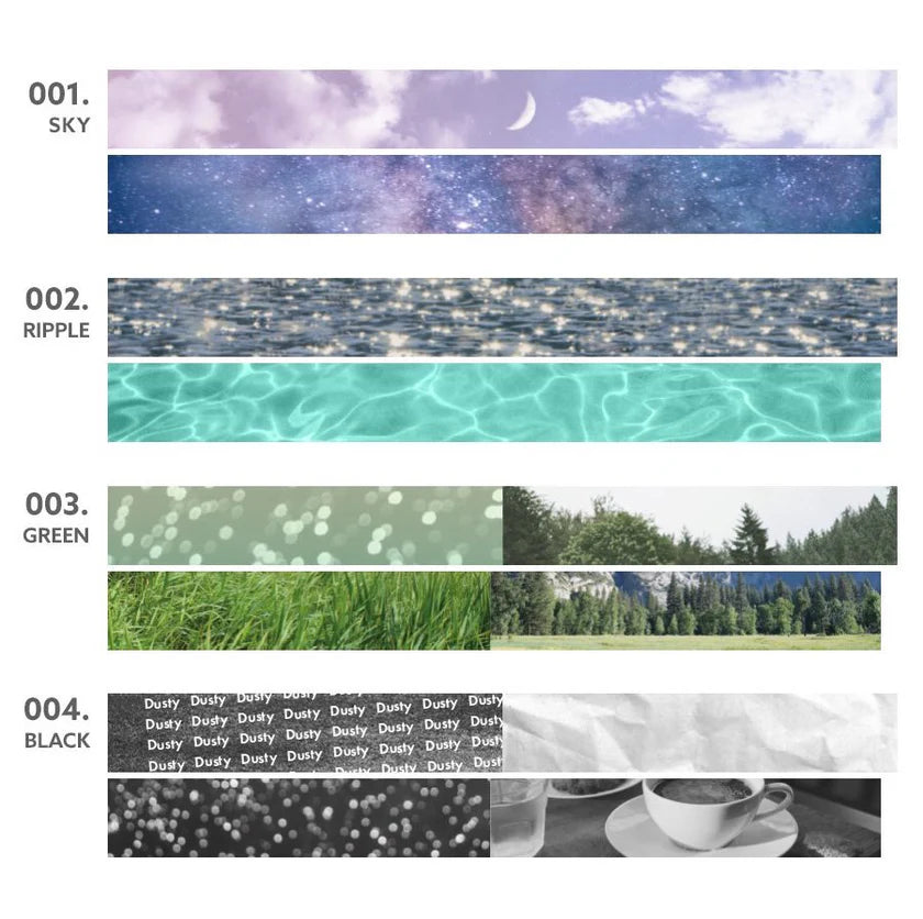 The Journal Shop - Close-up of Iconic Photo Masking Tape rolls showing printed scenes of skies, forests, and mountains.