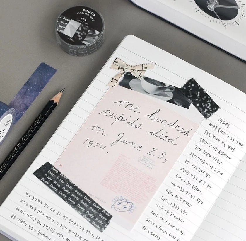 The Journal Shop - Open notebook decorated with Iconic Photo Masking Tape strips used for journalling and page borders.