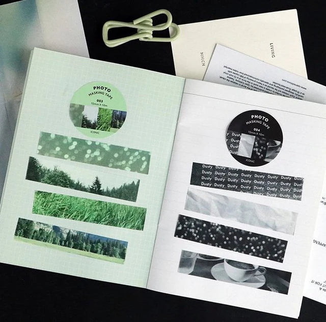 The Journal Shop - Planner pages decorated with Iconic Photo Masking Tape in natural scenery prints beside stationery.