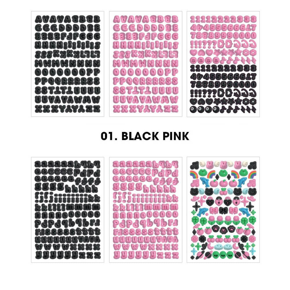 The Journal Shop - Close-up of Iconic Puffer Alphabet Sticker sheets in pink, purple, green, and black, arranged in neat rows.