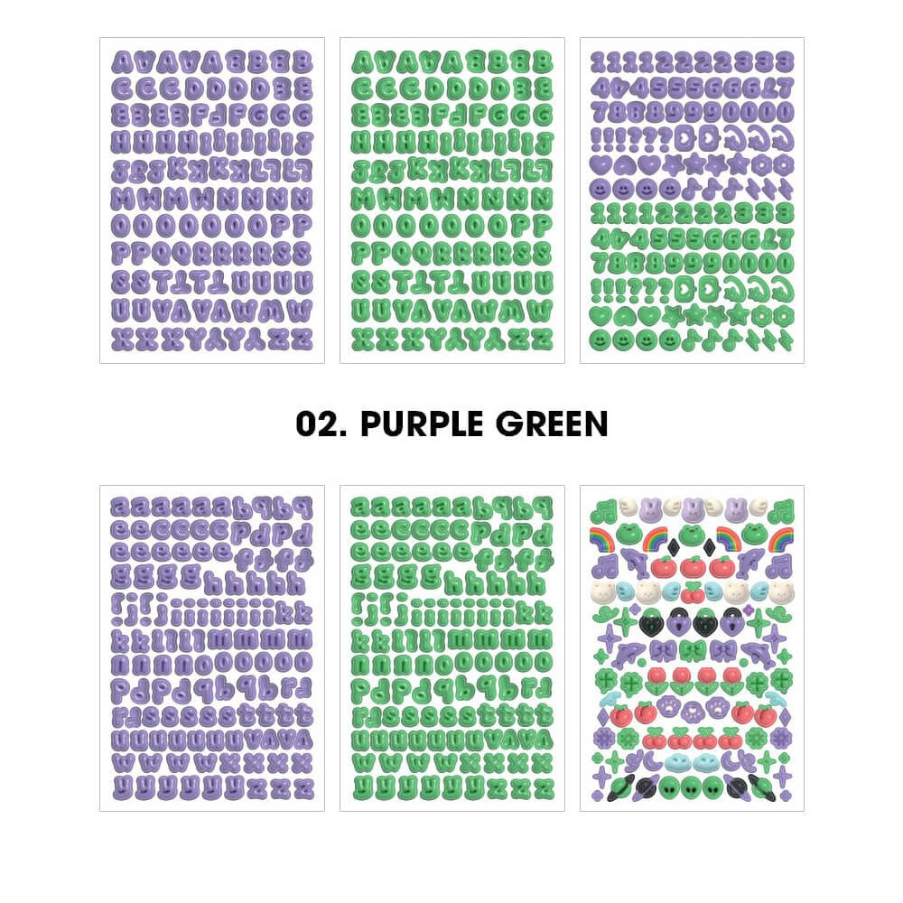 The Journal Shop - Flat layout of all colour variants of the Iconic Puffer Alphabet Sticker Pack, including green and purple sheets.