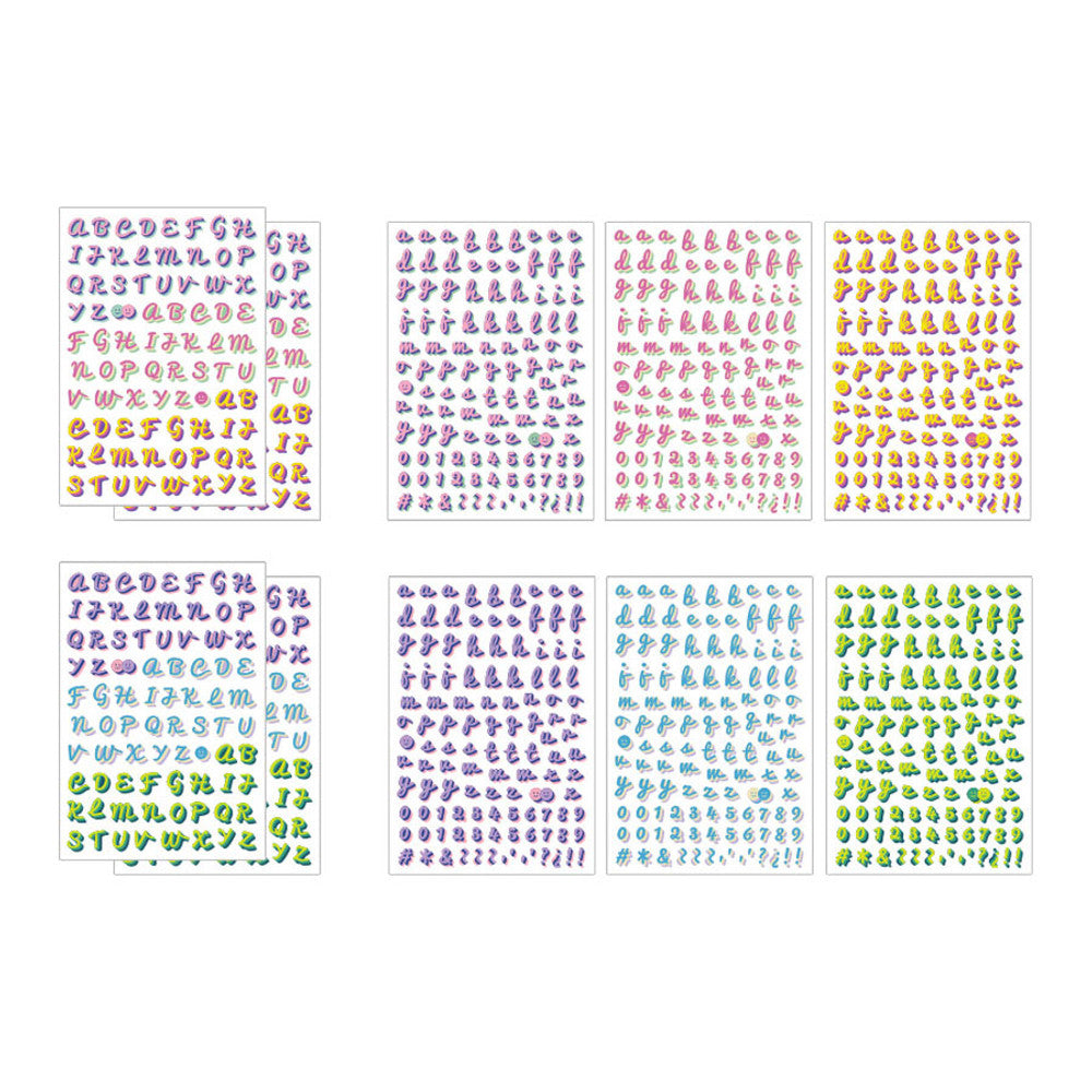 The Journal Shop - Close-up of multiple alphabet sticker sheets featuring various colours and letter styles.