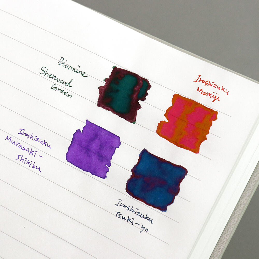 The Journal Shop - Iconic Solitude Tomoe River Line Notebook page test showing different ink swatches and pen samples.
