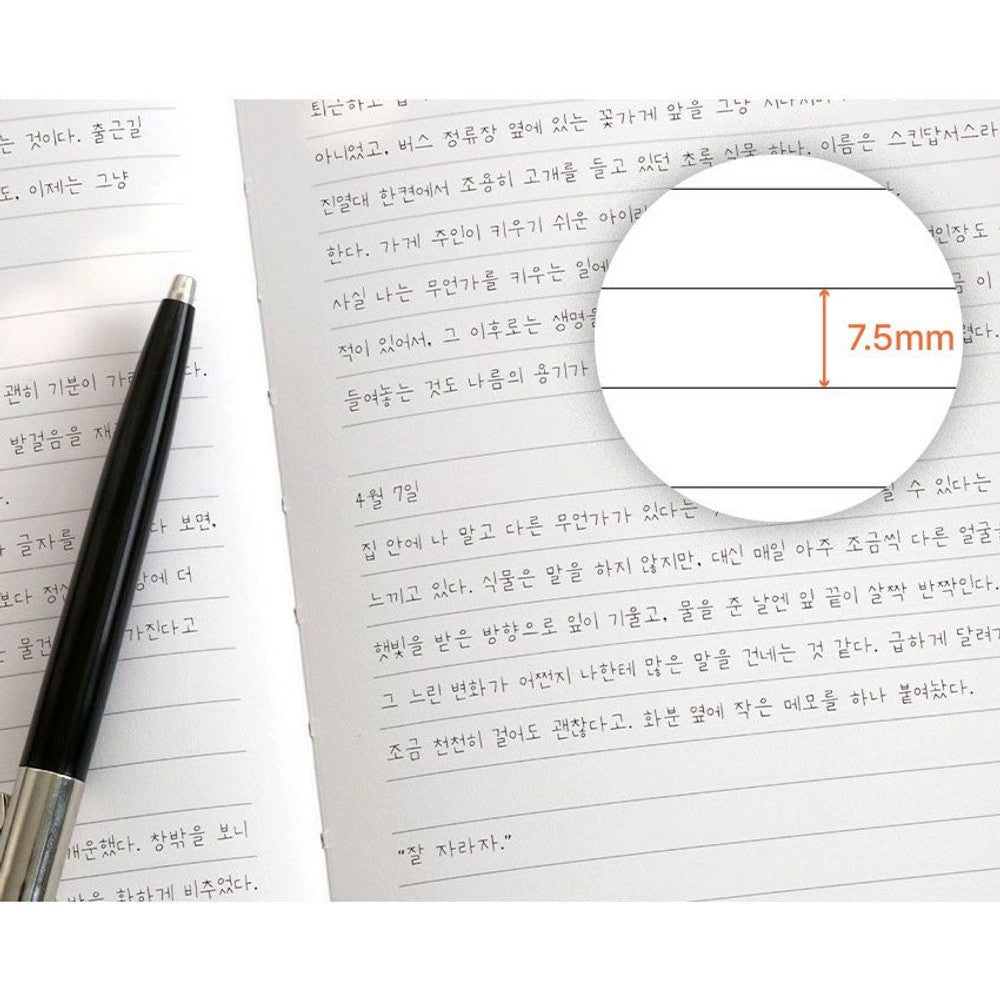 The Journal Shop - Iconic Souvenir B6 Band Notebook hardcover journal open with pen and magnified detail of ruling.