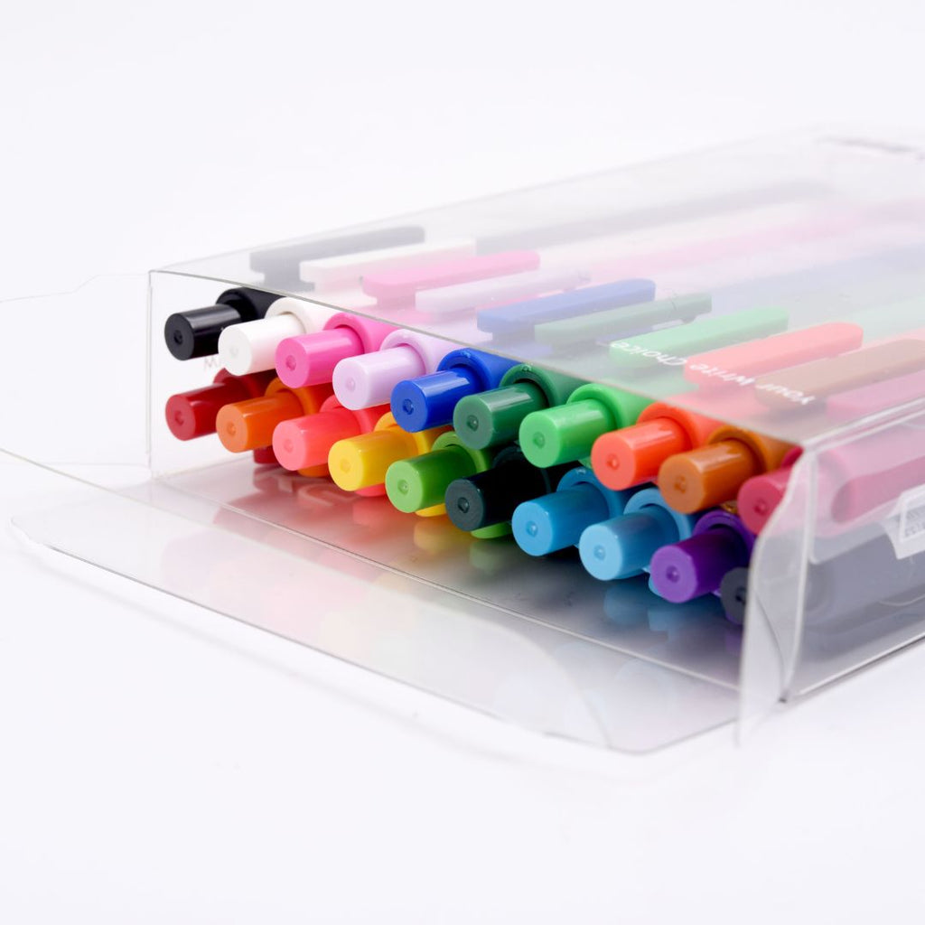 Assorted Kaco Pure gel pens neatly arranged in a clear plastic case, showing vibrant push button ends.
