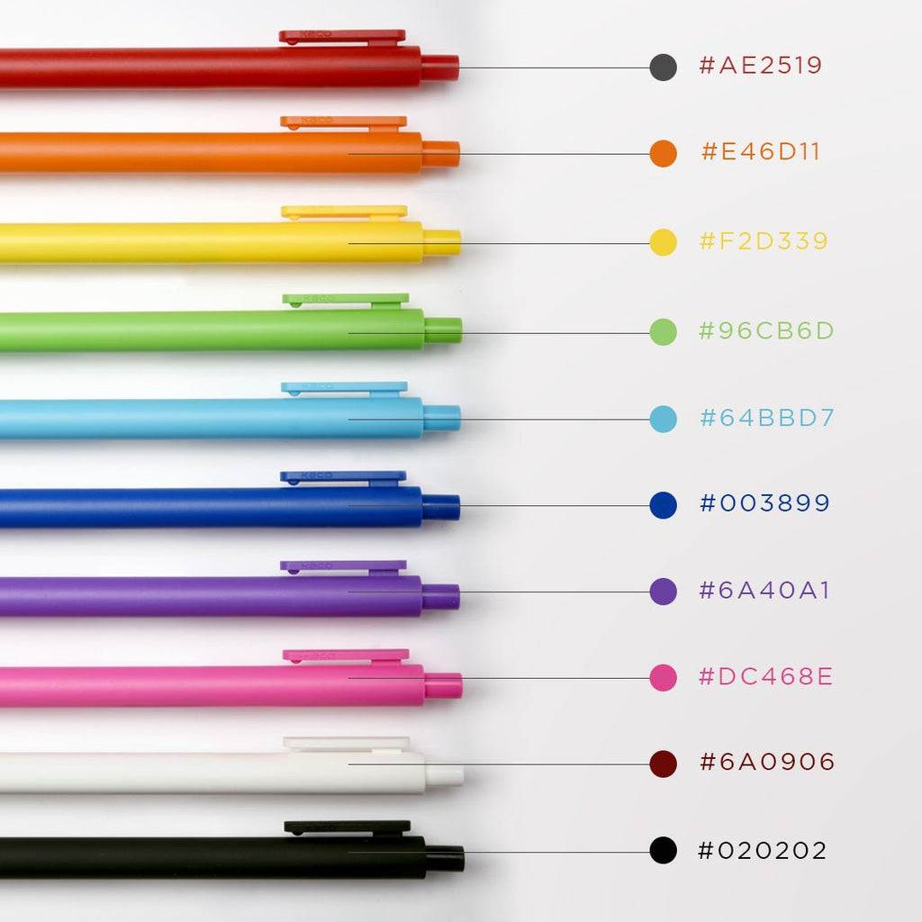 Vertical line-up of Kaco Pure gel pens with matching colour hex codes displayed beside each pen.