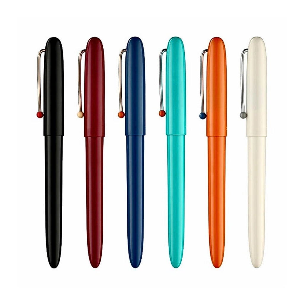 Line-up of six Kaco Retro fountain pens in black, burgundy, navy, turquoise, orange, and cream, each with a distinct clip detail.