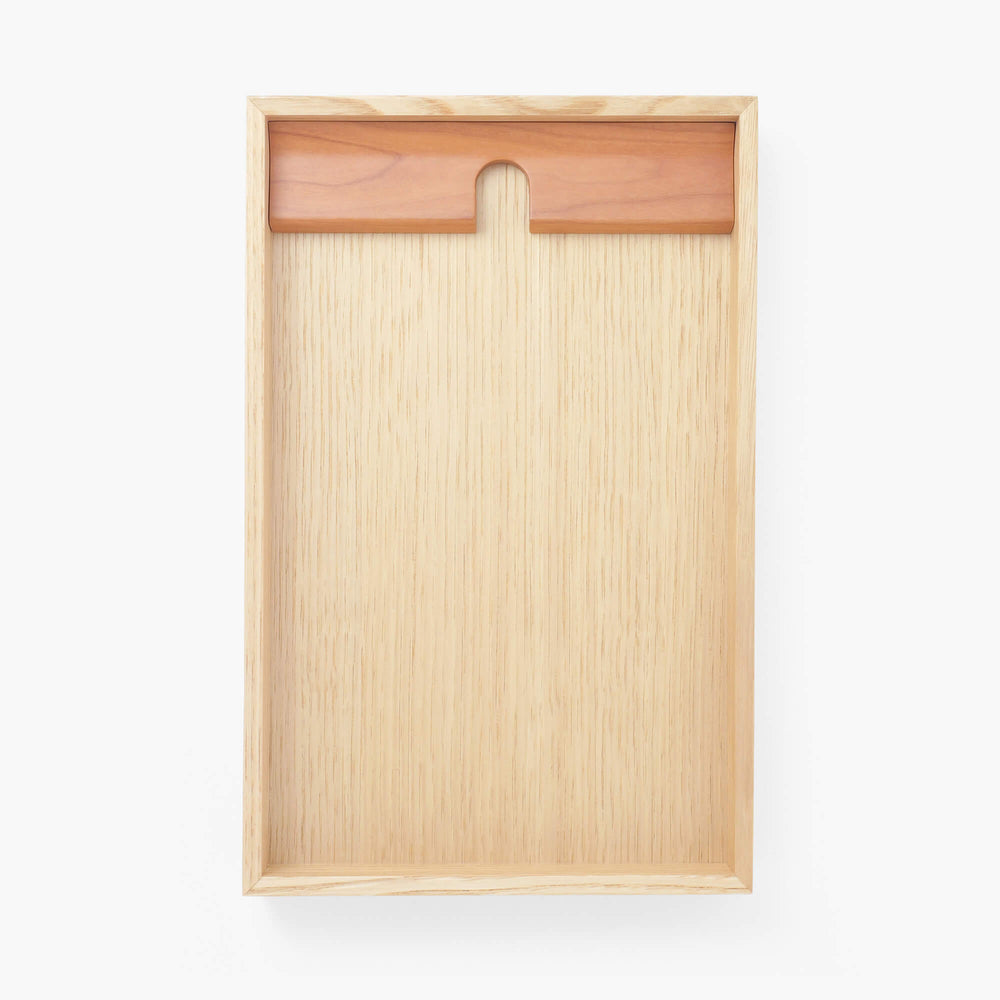 The Journal Shop - Kakimori A5 Wooden Writing Tray crafted from light oak with a recessed pen holder in contrasting wood.