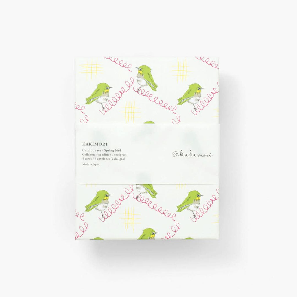 The Journal Shop - Kakimori Card Box Set featuring Spring Bird design packaging with green bird and wisteria pattern.