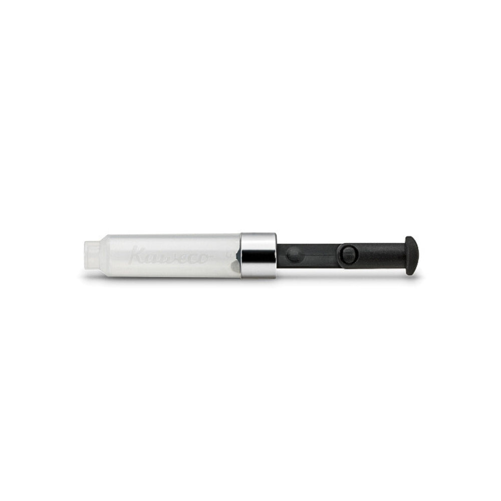 Kaweco Mini Converter piston for fountain pens shown fully extended with clear barrel, silver ring, and black plunger.