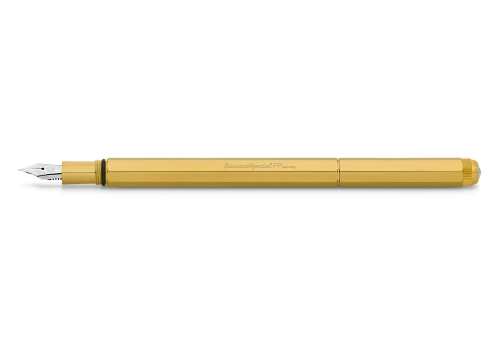 Kaweco Special Brass Fountain Pen uncapped with gleaming gold finish
