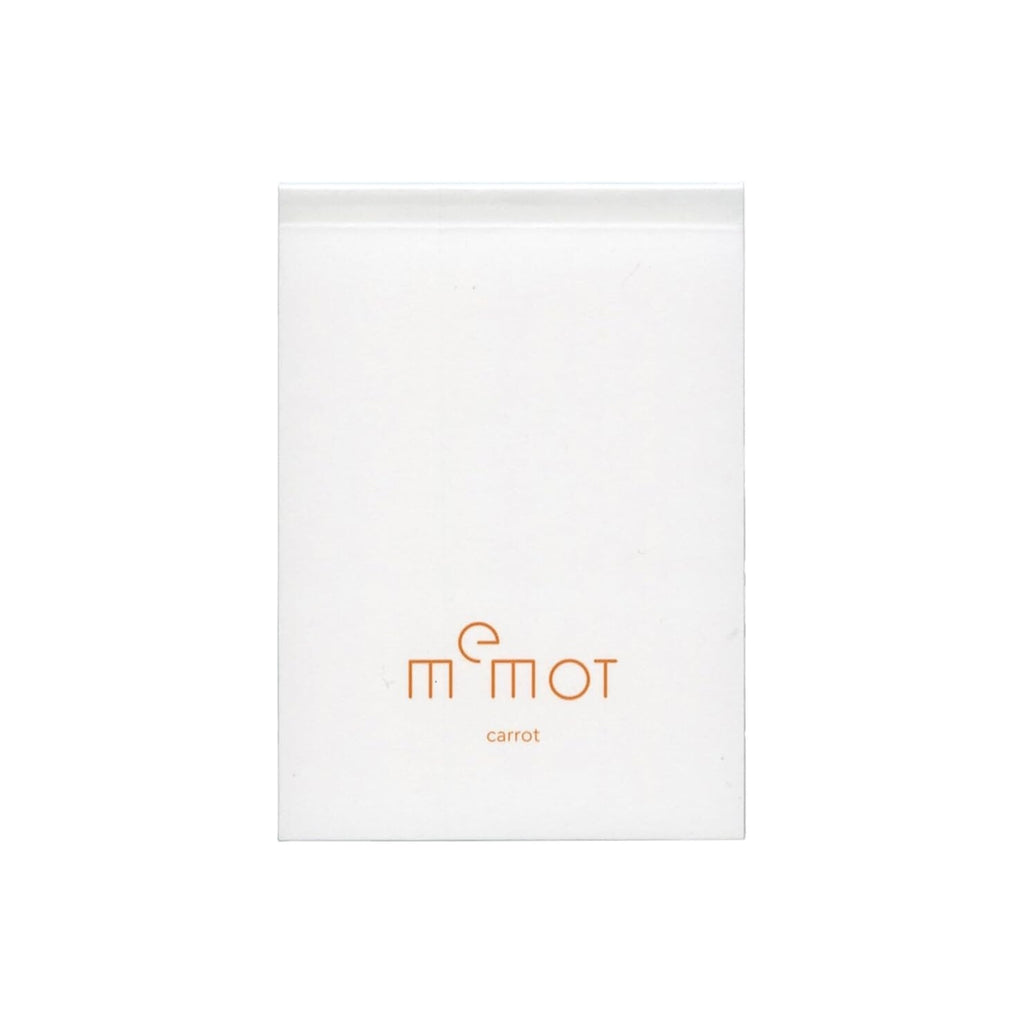 Front view of memot notepad with 'carrot' branding and orange-tinted paper edges.