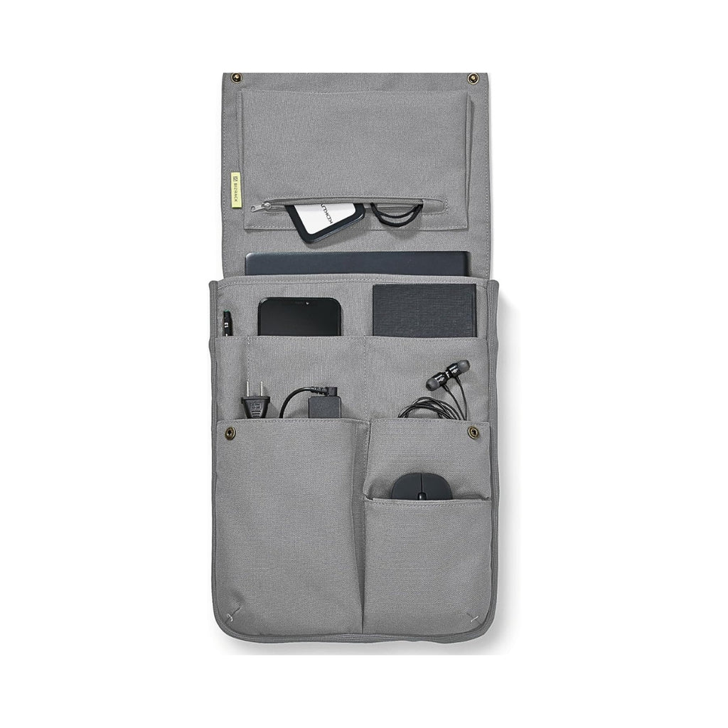 Kokuyo Bizrack Bag-in-Bag in vertical ash grey showing inner pockets with pens and accessories stored inside.