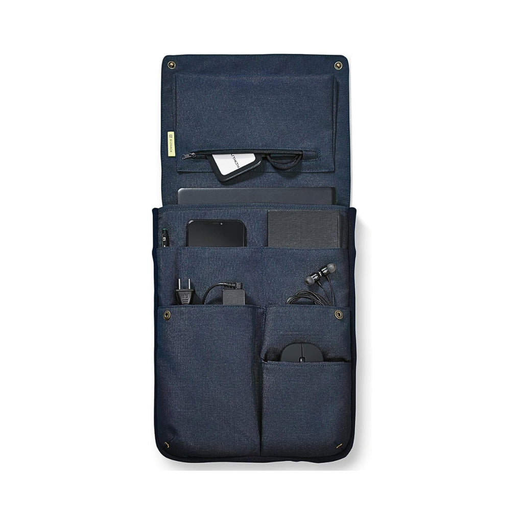 Kokuyo Bizrack Bag-in-Bag in vertical smoky navy showing inner pockets with pens and accessories stored inside.