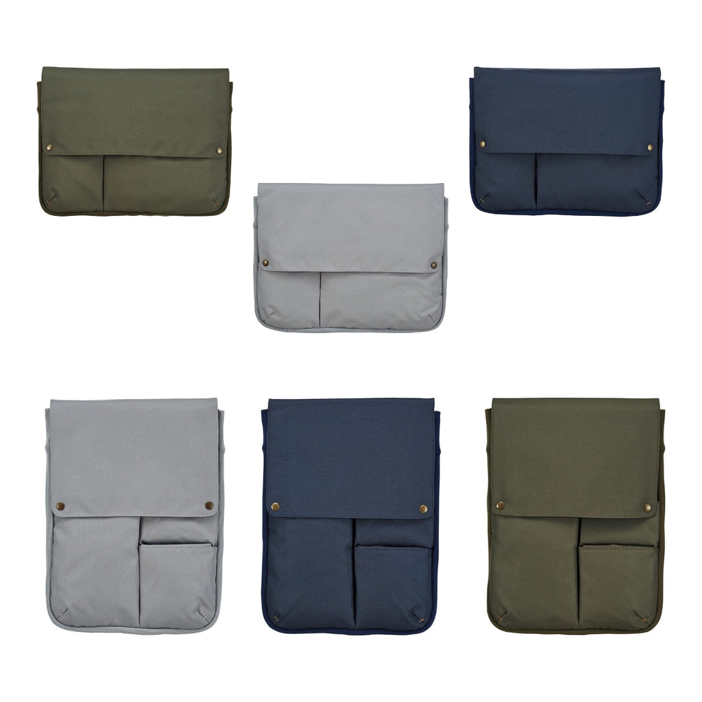 Kokuyo Bizrack Bag-in-Bag in khaki, grey, and navy blue in horizontal and vertical design displayed side by side.