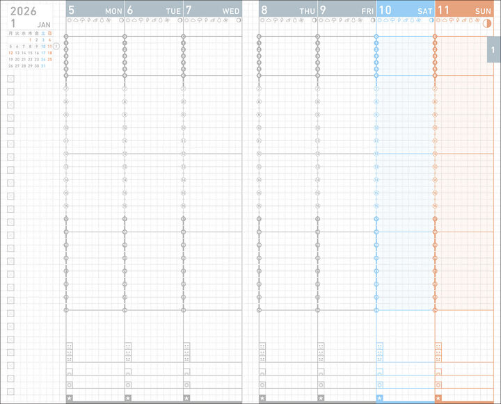 Weekly planner pages in Kokuyo Jibun Techo 2026 Diary Refill, detailed scheduling columns.