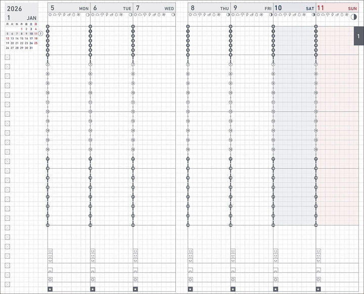 Weekly planner pages in Kokuyo Jibun Techo Biz Mini 2026 B6 Diary Refill, structured for detailed scheduling.