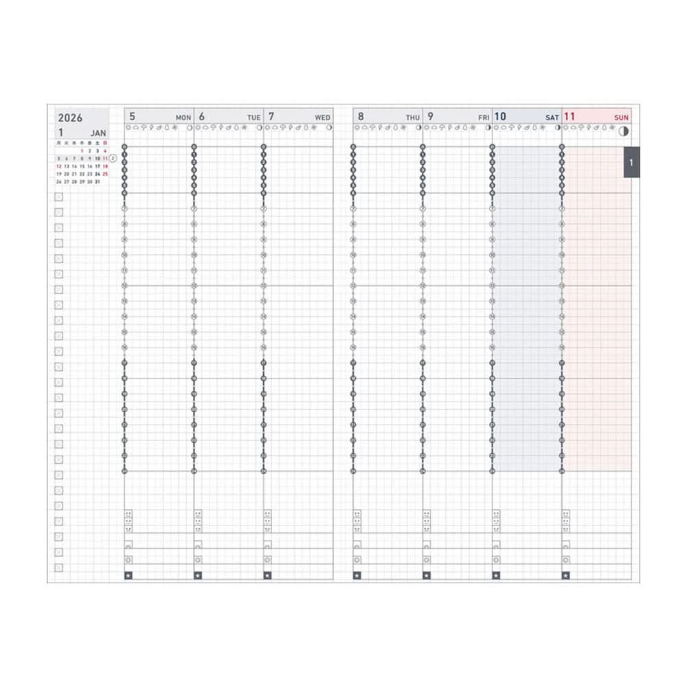 Weekly planner pages in Kokuyo Jibun Techo Biz 2026 Planner, structured columns for detailed scheduling.