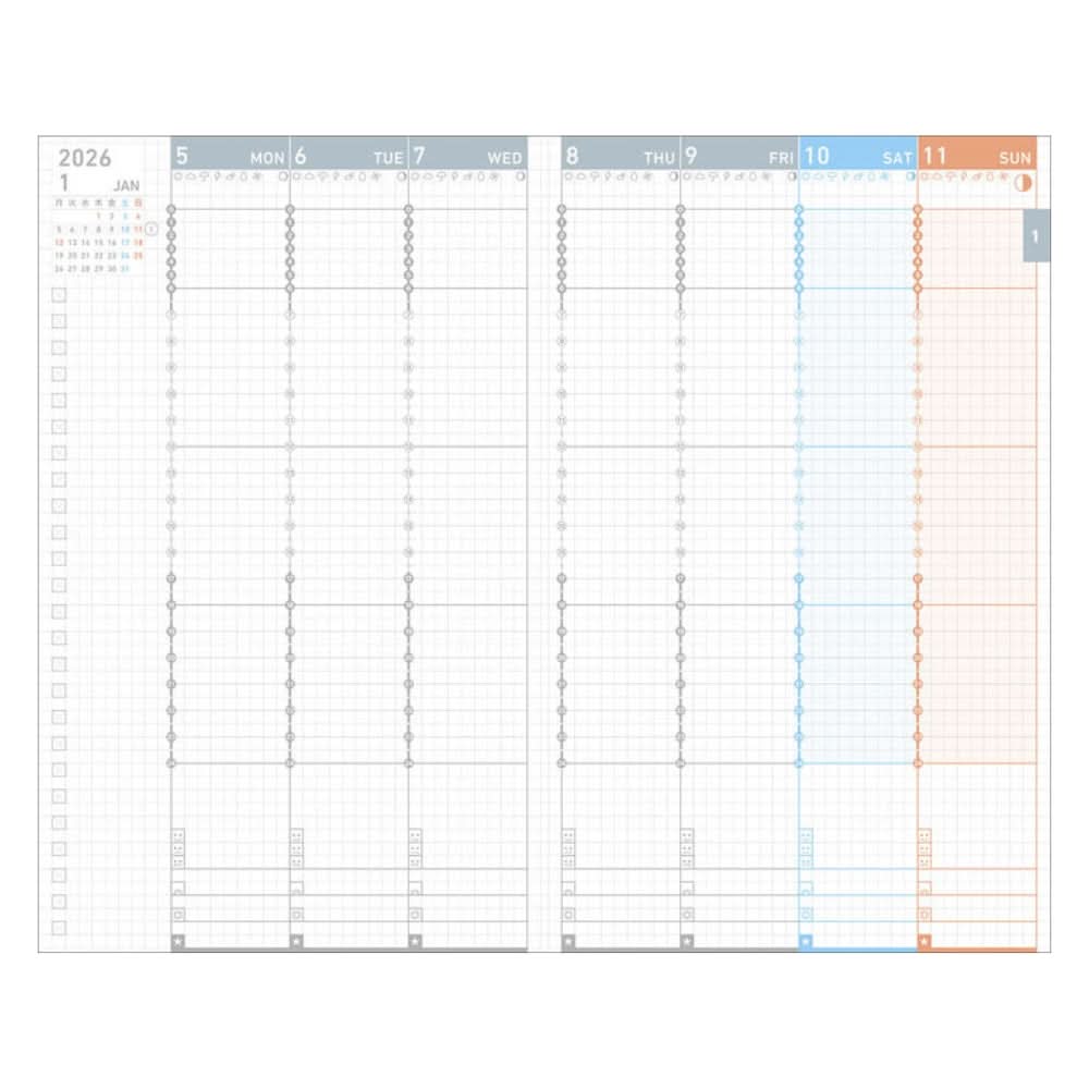Weekly planner pages in Kokuyo Jibun Techo First Kit 2026, structured columns for detailed daily planning.