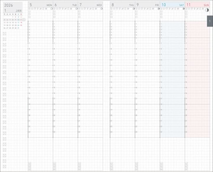 Weekly planner spread from Kokuyo Jibun Techo Lite 2026 Mini B6 Slim Diary, slim columns for scheduling.