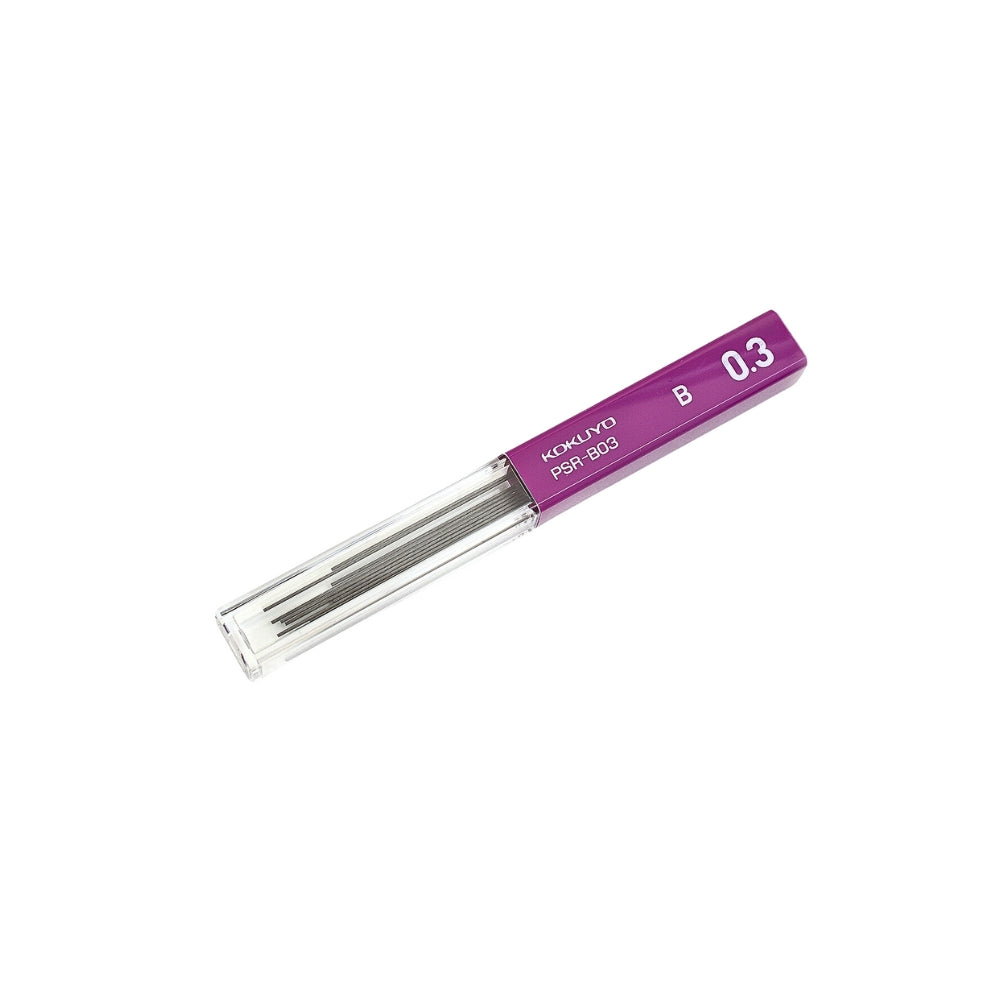 Kokuyo mechanical pencil lead refill 0.3mm B in slim purple tube.