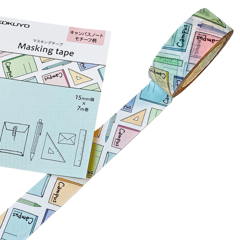Kokuyo Campus Pattern washi tape unrolled to show colourful notebook-inspired designs in pastel shades.