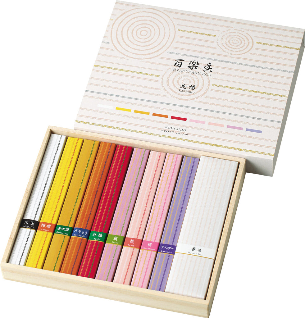 Open Kousaido Hyakurakukou Kashoku Incense Assortment box displaying nine colourful types of Japanese incense sticks arranged neatly in rows.