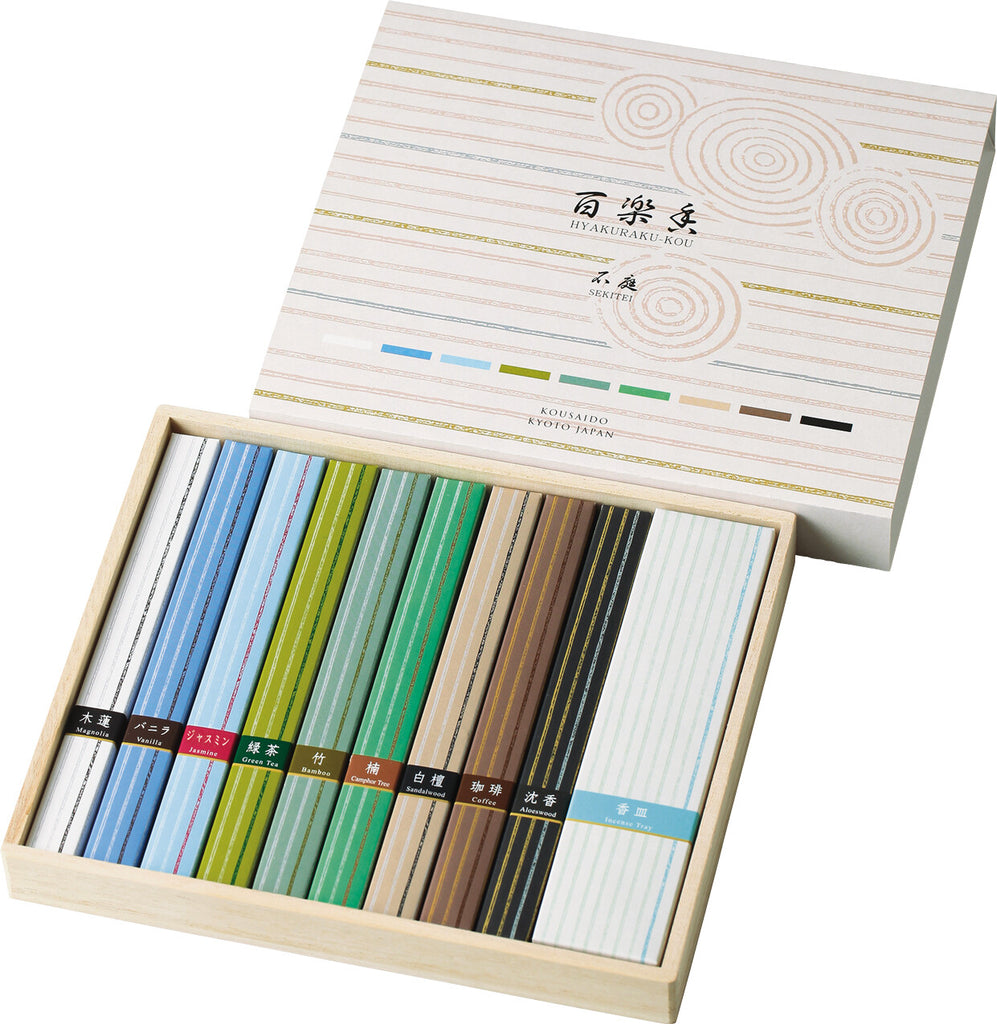 Open Kousaido Hyakurakukou Sekitei Incense Assortment box showing nine colours of Japanese incense sticks arranged neatly in rows.