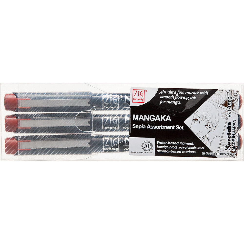 Kuretake ZIG Cartoonist Mangaka Sepia Assortment Set with three varying tip sizes for intricate drawing